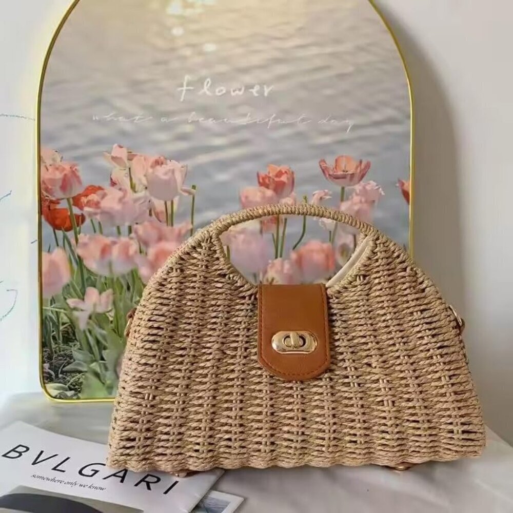 Women Handwoven Rattan Beach Purse with Detachable Strap & Handle